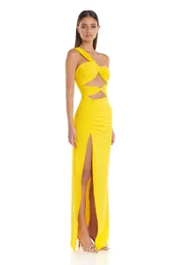 Elegant yellow one-shoulder cutout maxi dress featuring ruched details and a high slit.