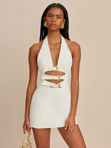 Sexy white halter mini dress with waist cut-outs and three gold buckles details