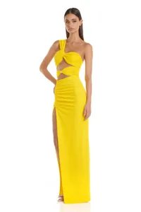 Elegant full-length view of yellow one-shoulder gown with cutout waist and high slit