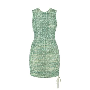 Elegant green mesh sleeveless ruched bodycon dress with abstract marble pattern print