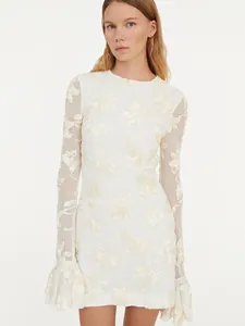 Women Sexy White Lace Embroidery Long Sleeve Dress Slim Fit Floral 3D Applique Mini Dress For Banquet Party Elegant Gown