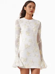 Elegant white mini dress featuring intricate floral embroidery and flared bell sleeves detail