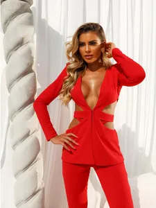 Sexy red long sleeve cut-out blazer and pants two-piece fashion set for women