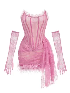 Pink lace corset mini dress set including matching gloves and elegant feather trim