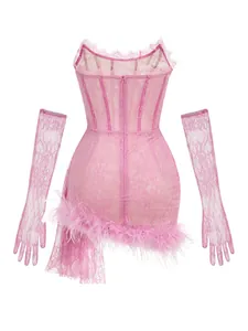 Elegant pink lace corset mini dress with feather trim and matching long lace gloves