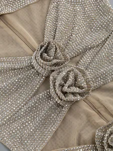 Detaillierte Ansicht des Strass-Netzkleides mit eleganten 3D-Stoffblumen-Dekorationen