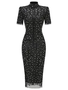 Elegant black bodycon evening dress with geometric silver rhinestone patterns and high neck