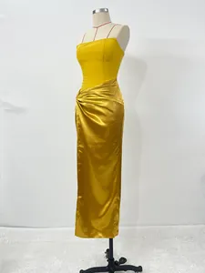 Elegant gold satin draped maxi dress with matte bodice and high slit detail