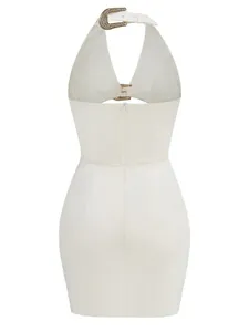 Back detail of a sexy white halter neck mini dress featuring a rhinestone metal buckle
