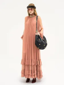Women Sexy Sheer Pleated Long Sleeve Dress Stand Collar Ruffle Hem Caramel Evening Party Bodycon Maxi Dress For Banquet