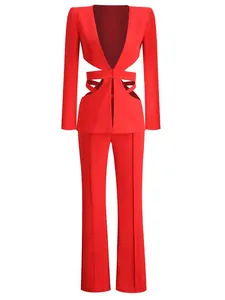 Elegant red two-piece suit featuring V-neck hollow waist blazer and wide-leg trousers