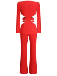 Sexy red two-piece suit set featuring a waist cut-out blazer and matching wide-leg pants