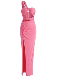 Detailed view of pink one-shoulder ruched cutout maxi dress with high slit for women.