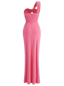 Detailed back view of a pink ruched one-shoulder floor-length gown for formal gala