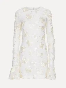 White long sleeve mini dress with intricate floral embroidery and flared cuffs
