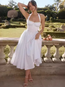 Vestito Lungo da Donna Sexy con Scollo all'Americana Floreale Schiena Scoperta Vita Arricciata a Trapezio Abito da Festa per Vacanze Elegante Senza Maniche