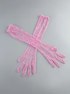 Elegant long pink lace gloves with intricate floral patterns for formal evening wear