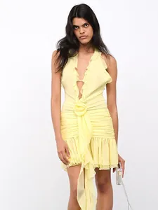 Sexy yellow halter neck dress with ruffles and 3D flower decoration for evening party