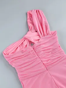 Detailed view of the pink ruched one-shoulder evening dress with twisted knot design
