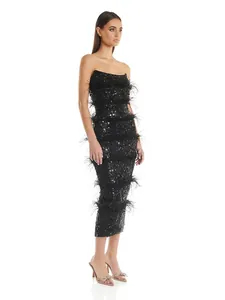 Elegant black strapless midi dress featuring shimmering sequins and ostrich feathers.