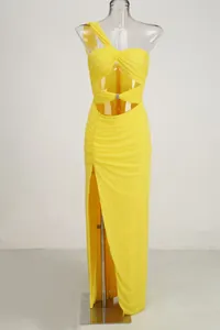 Yellow one-shoulder evening gown with sexy cut-out details and ruched high-slit design