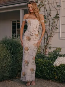 Robe Maxi Corset à Imprimé Floral Sexy Fente Bretelles Spaghetti Lacet Bodycon Robe Longue de Soirée pour Femmes Motif Rose Vintage