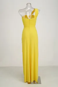 Detailed back view showing the zipper and pleats of this yellow one-shoulder long evening gown