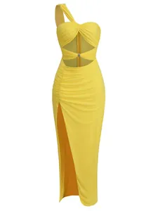 Detailed view of yellow ruched evening dress with cut-out waist and high leg split