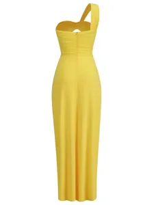 Detailed back view of an elegant yellow one-shoulder ruched maxi dress for formal evening events