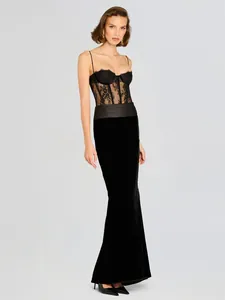 Sexy Schwarz Spitze Ausgeschnitten Cami Maxi Kleid Damen Bodycon Abend Party Kleid Hohe Taille Ärmellos Fischschwanz Rückenfrei