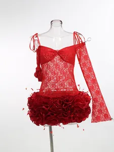 Exquisite detailed view of red lace camisole top and 3D floral ruffled bud skirt set
