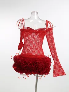Elegant red lace camisole bustier top with floral ruffle mini skirt evening party set