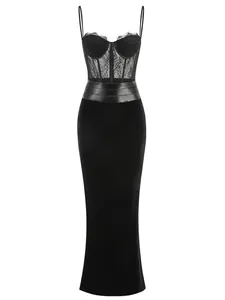 Elegantes schwarzes Bodycon-Maxikleid im Korsett-Stil mit Spitze und Lederakzenten