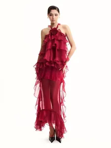 Sexy Red Halter Maxi Dress For Women Ruffle Tiered Sheer Hem Elegant Flower Decor Backless Patchwork Party Evening Club Dress