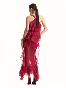Back view of elegant red tiered ruffled halter maxi dress with sheer chiffon layers.