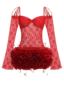 Detail view of red lace long sleeve camisole and 3D floral ruffle mini skirt set