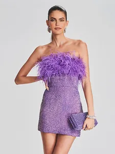Elegant purple sequin tube top mini dress featuring luxury ostrich feather trim