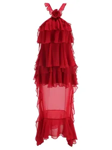 Elegant red tiered ruffle halter maxi dress with 3D floral accent and sheer skirt