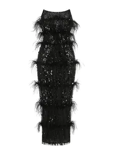Elegant black strapless sequin dress with tiered ostrich feathers for evening parties