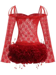 Detailed view of red lace long-sleeve top and 3D floral ruffled mini skirt set for party