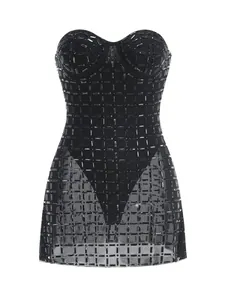 Detail view of a black strapless mini dress featuring heavy-duty rhinestone and mesh.