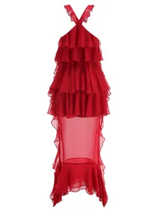 Detail of red halter tiered ruffle dress with sexy sheer maxi skirt