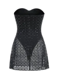 Back view of black strapless mini dress with rhinestone grid and sheer mesh panels