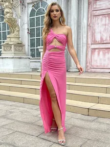 Sexy one-shoulder pink evening dress featuring cutout waist and high slit detail