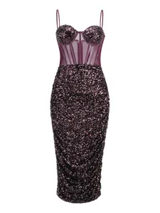 Detail of purple sequin bodycon dress with sheer corset bodice and boning structure