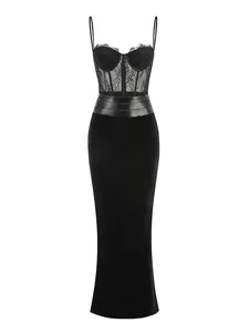 Sexy schwarzes Midi-Trägerkleid mit Spitzenkorsett und schmalem Samtrock für Partys