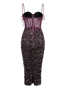 Elegant burgundy corset evening dress featuring a sheer mesh bodice and sequined bodycon skirt