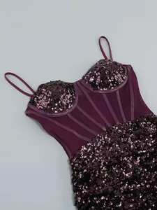 Detail of plum burgundy sequin bustier dress with sheer mesh corset bodice and straps