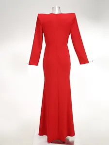 Back view of a floor-length red evening dress with structured shoulders