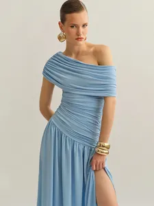 Elegant light blue one-shoulder maxi dress with ruched bodice and side slit detail